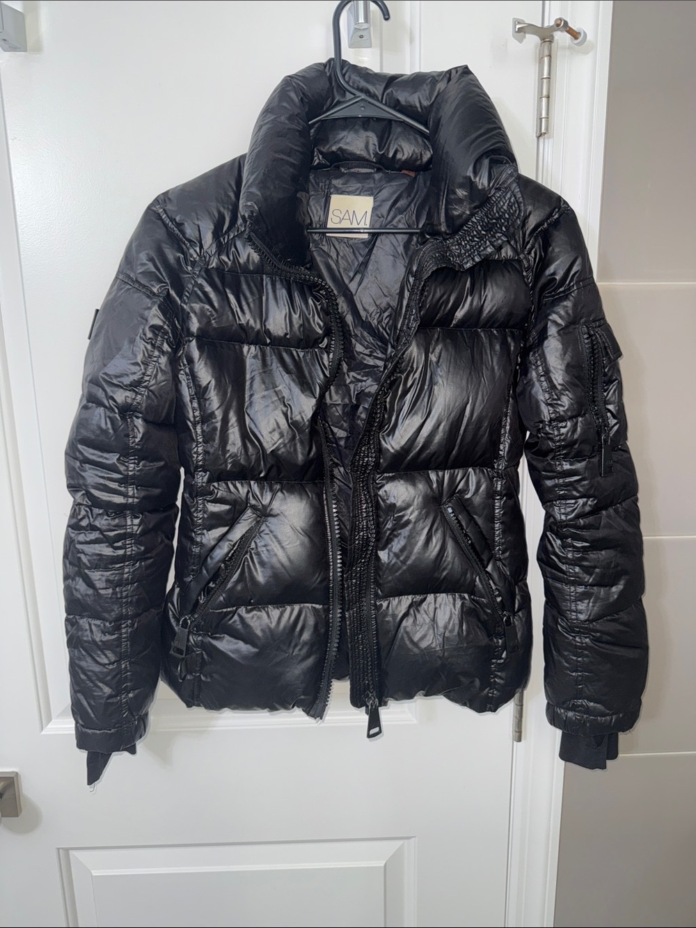 SAM. Black Quilted Puffer Jacket with Stand Collar